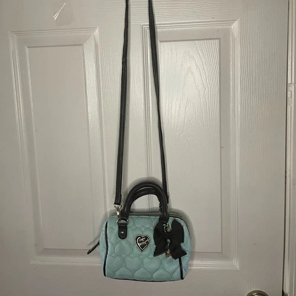 Betsey Johnson Blue heart quilted & black trims mini barrel crossbody bag .
